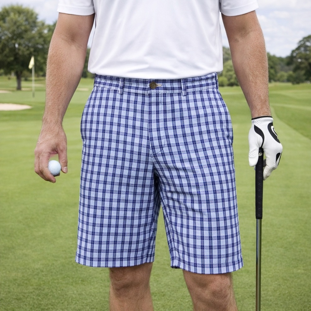 Brooks Brothers Blue Plaid Shorts Men W 35  11” Inseam Flat Front Cotton Golf